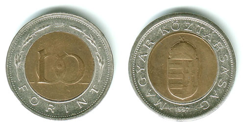 100 forint 1997 - hamis középpont jelöléssel