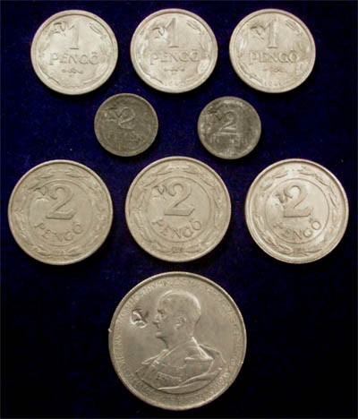2 fillér 1 2 5 pengő érmék hamis sarló-kalapács ellenjeggyel