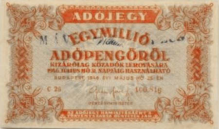 1000000 adópengő 1946 - hamis M.Á.V. Pécs aláírás bélyegzők