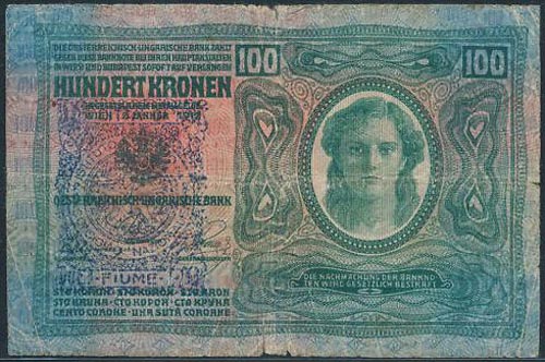 100 korona 1912 - hamis gépi Citta' di Fiume felülbélyegzéssel