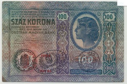 100 korona 1912 - hamis 1919-es román, magyar, horvát bélyegzőkkel