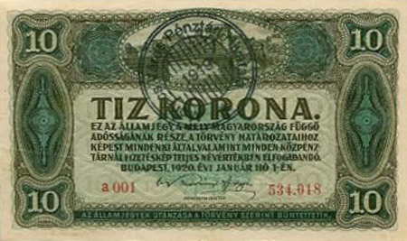 10 korona 1920 - Mohács Város Pénztári Hivatala 1919