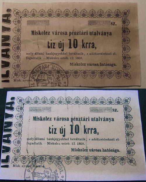 Miskolcz város pénztári utalvány - 10 kracjzár 1860 hamis