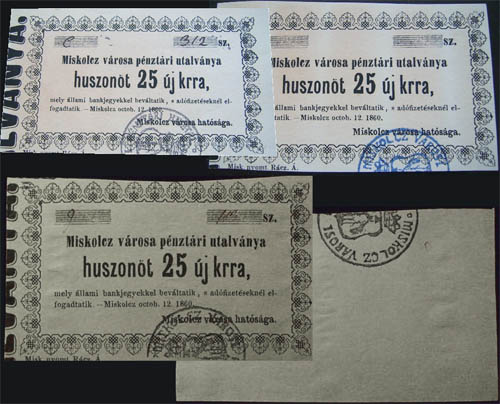 Miskolcz város pénztári utalvány - 25 kracjzár 1860 hamis