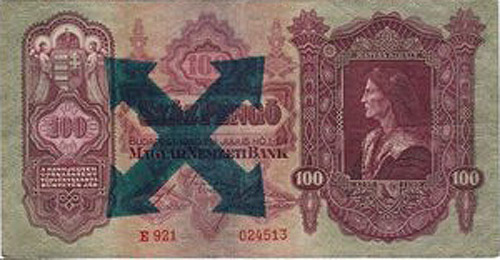 100 pengő 1930 - hamis nyilaskeresztes bélyegzés