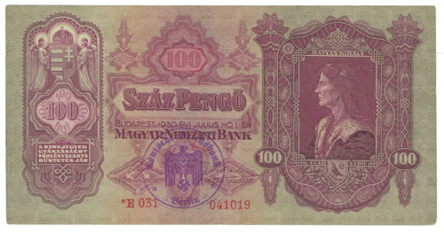 100 pengő 1930 - hamis Deutsche Reichsbank bélyegzés