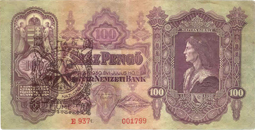 100 pengő 1930 - hamis gépi Citta' di Fiume bélyegzés