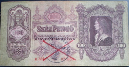 100 pengő 1930 - hamis német bélyegzés érvénytelenítéssel