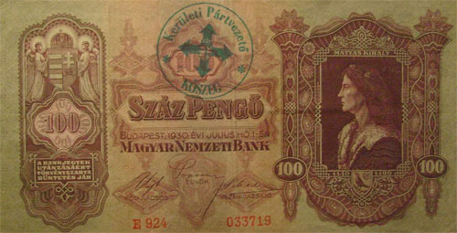 100 pengő 1930 - nyilaskeresztes bélyegzés Kőszeg - címerrel hamis