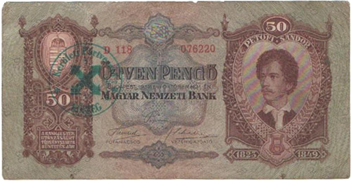 50 pengő 1932 - hamis nyilaskeresztes bélyegzés Kőszeg