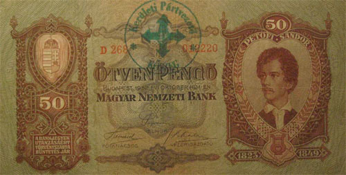 50 pengő 1932 - nyilaskeresztes bélyegzés Kőszeg - címerrel
