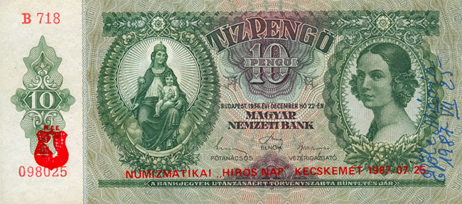 1936 10 pengő bankjegy Bőle Mária eredeti aláírásával