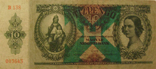 10 pengő 1936 - nyilaskeresztes bélyegzés ferde H betűvel hamis