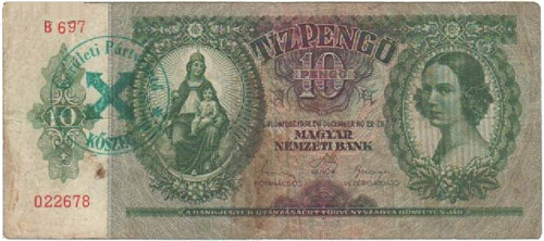 10 pengő 1936 - hamis nyilaskeresztes bélyegzés Kőszeg