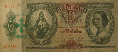 10 pengő 1936 - nyilaskeresztes bélyegzés Kőszeg - címerrel hamis