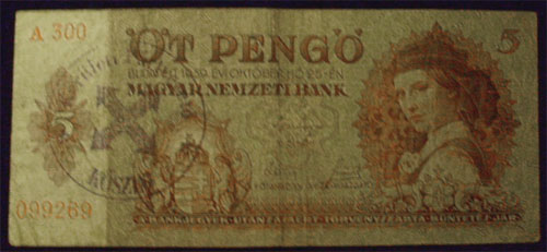 5 pengő 1939 - hamis nyilaskeresztes bélyegzés Kőszeg