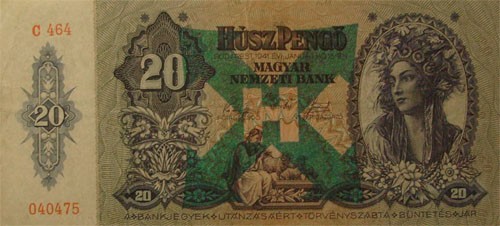 20 pengő 1941 - nyilaskeresztes bélyegzés ferde H betűvel hamis