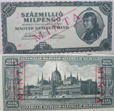 100000000 milpengő 1946 - hamis MINTA bélyegzés